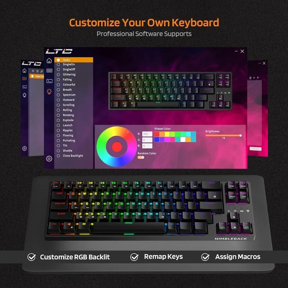 LTC NB681 65% RGB Mechanical Keyboard –‎ Hot-Swap Brown Switch, 68 Keys, Black